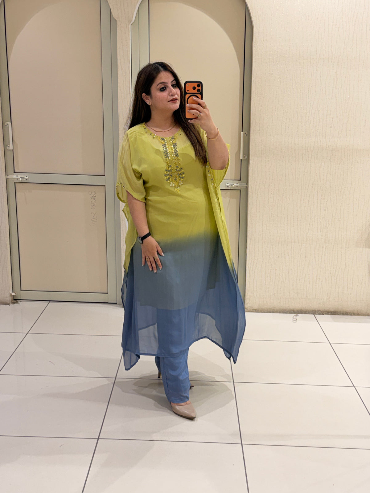 Yellow-Blue Ombre Embroidered Suit Set (M–XXL)