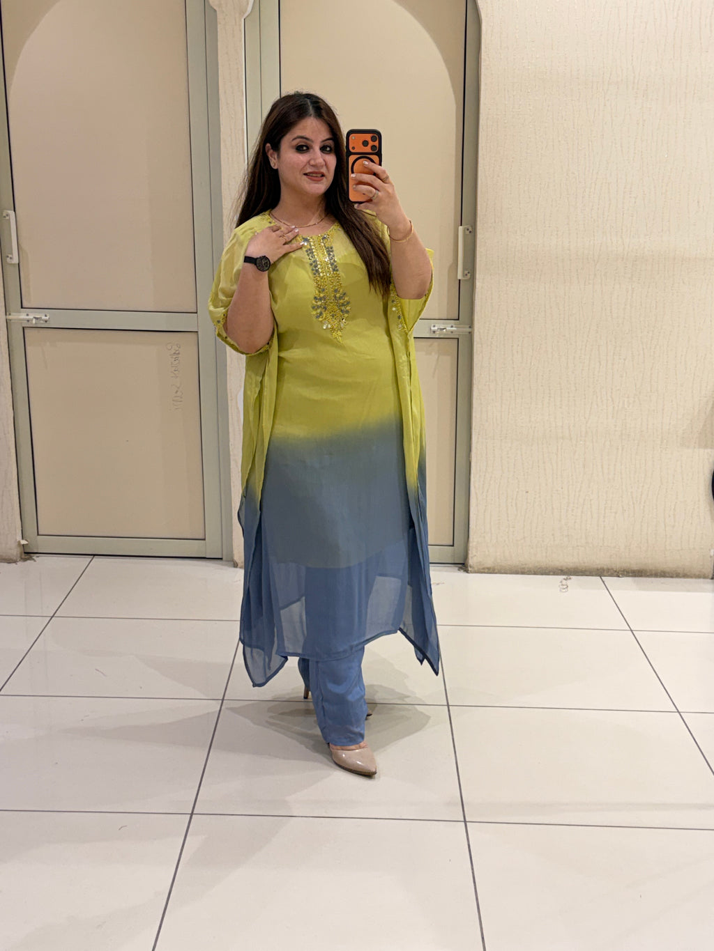 Yellow-Blue Ombre Embroidered Suit Set (M–XXL)