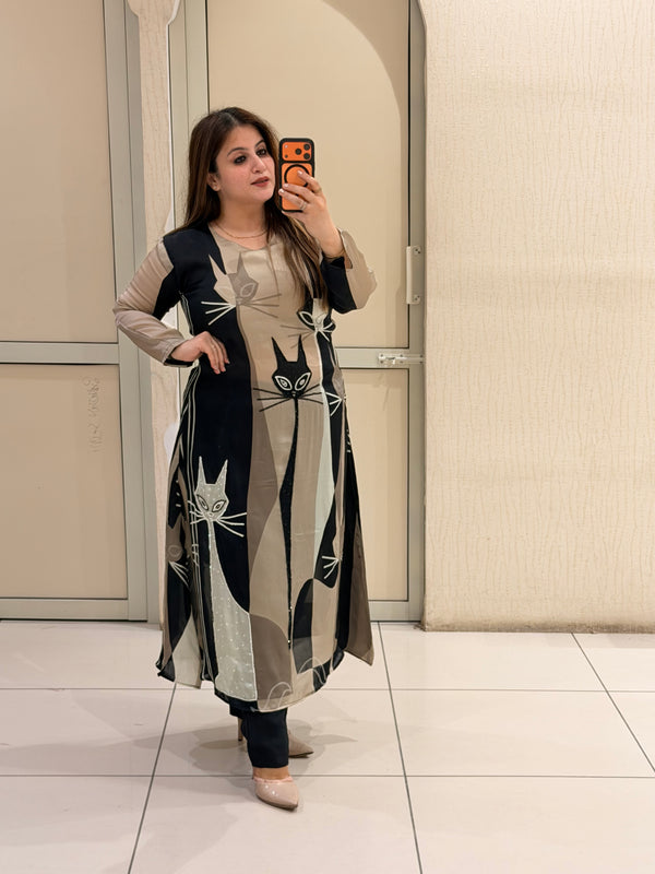 Satin Silk Cat Print Designer Suit (Free Size till XL)