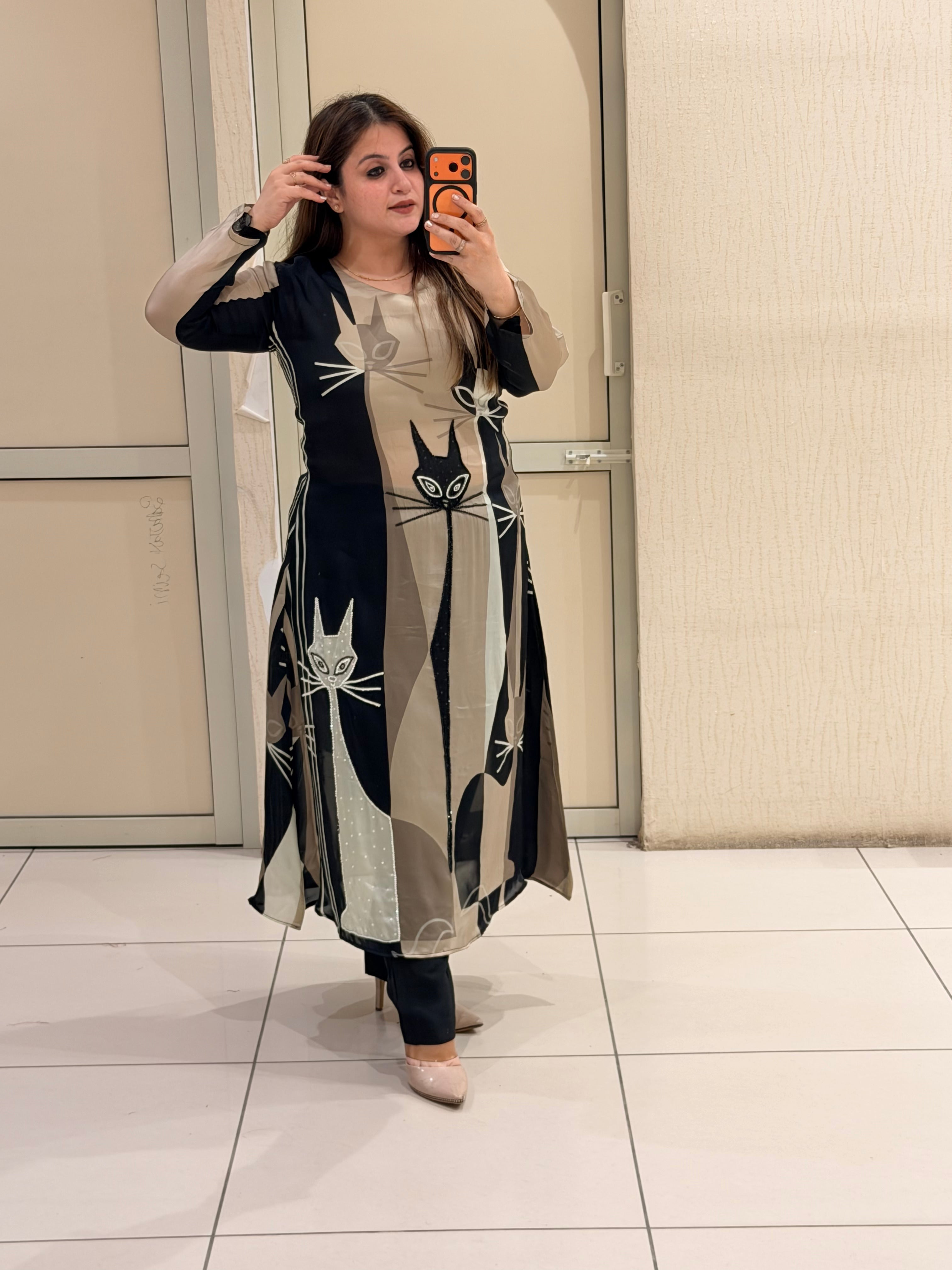 Satin Silk Cat Print Designer Suit (Free Size till XL)