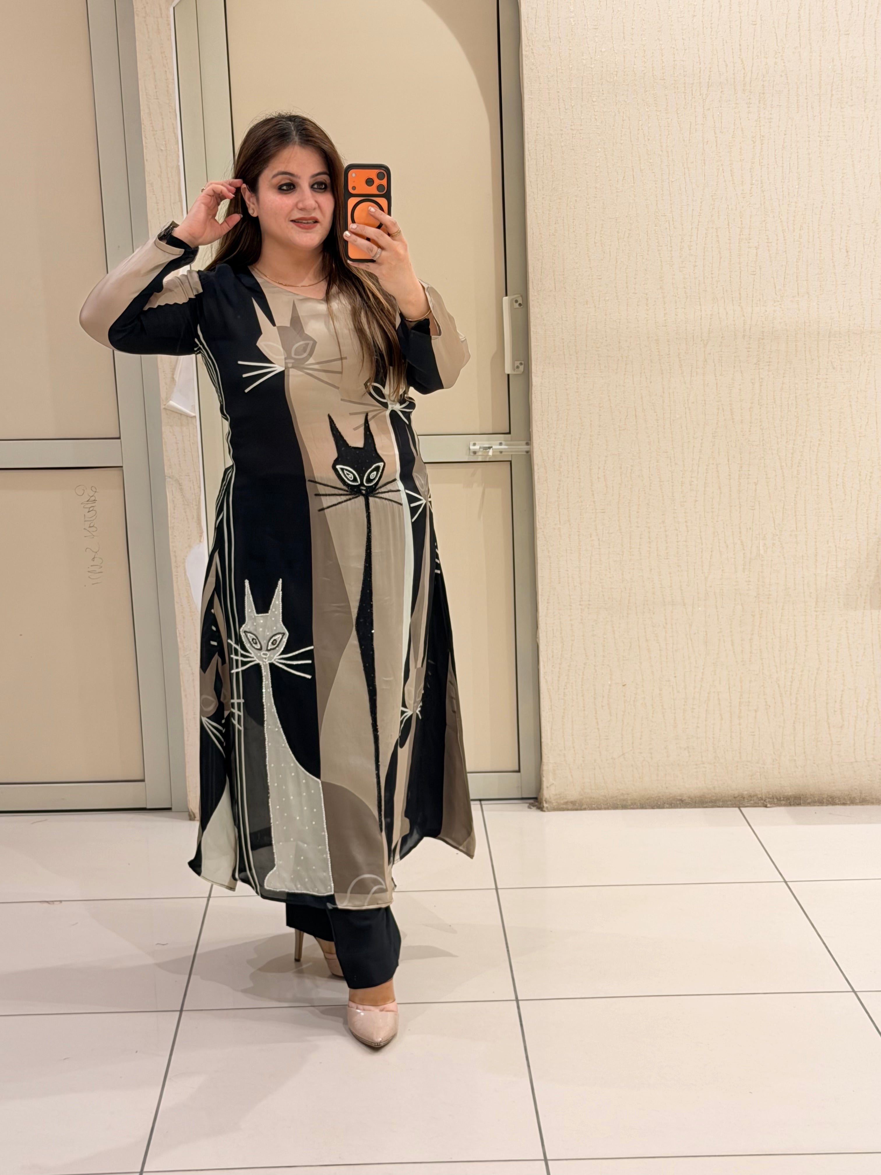 Satin Silk Cat Print Designer Suit (Free Size till XL)
