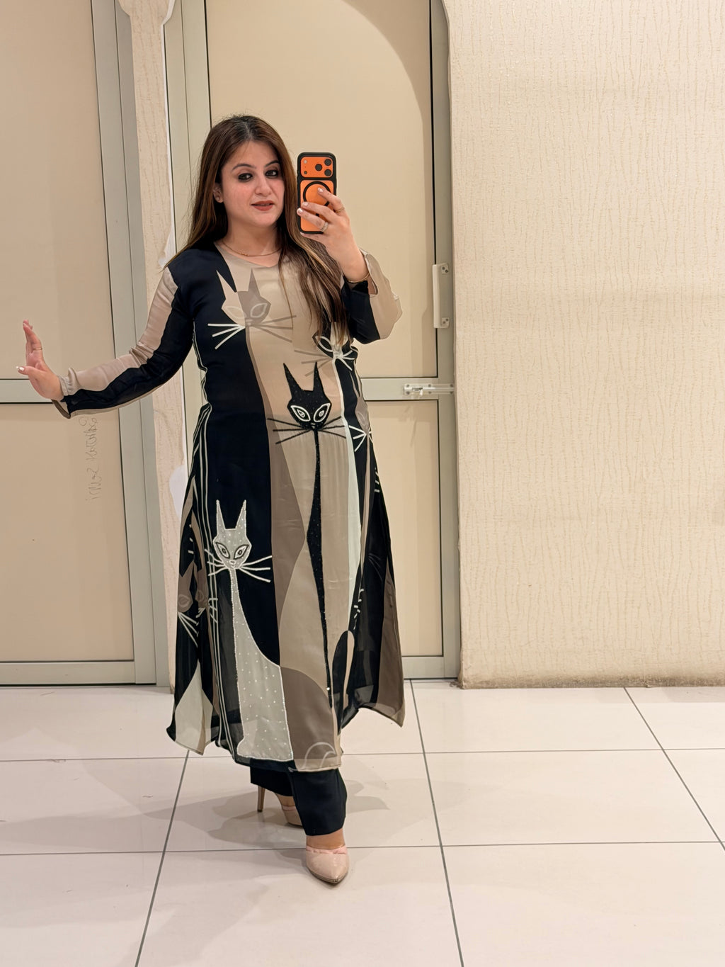 Satin Silk Cat Print Designer Suit (Free Size till XL)