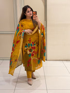 Mustard Chinon Floral Suit Set (M–XXL)