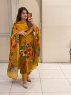 Mustard Chinon Floral Suit Set (M–XXL)