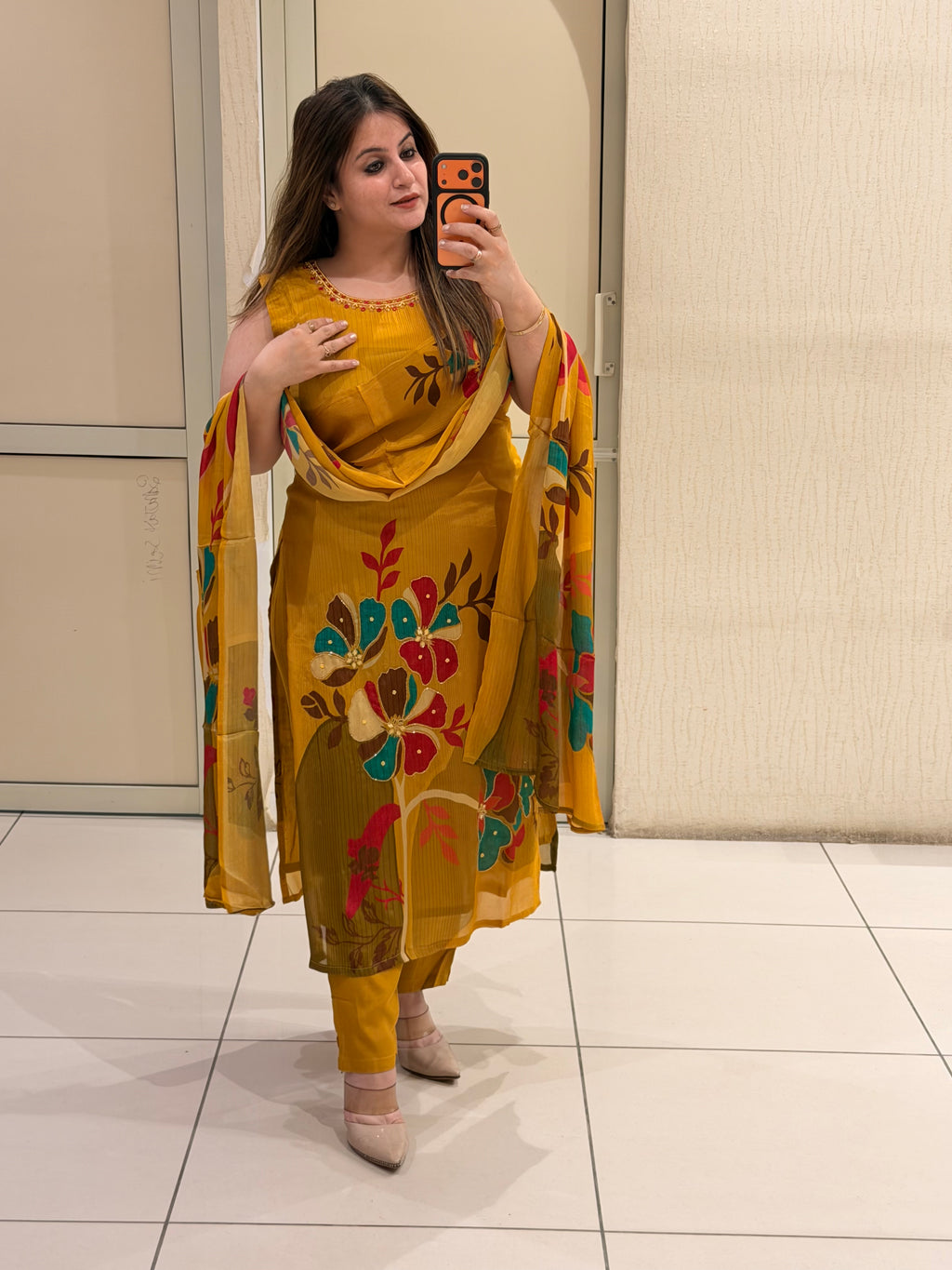 Mustard Chinon Floral Suit Set (M–XXL)