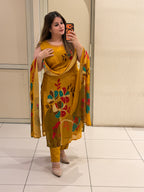 Mustard Chinon Floral Suit Set (M–XXL)