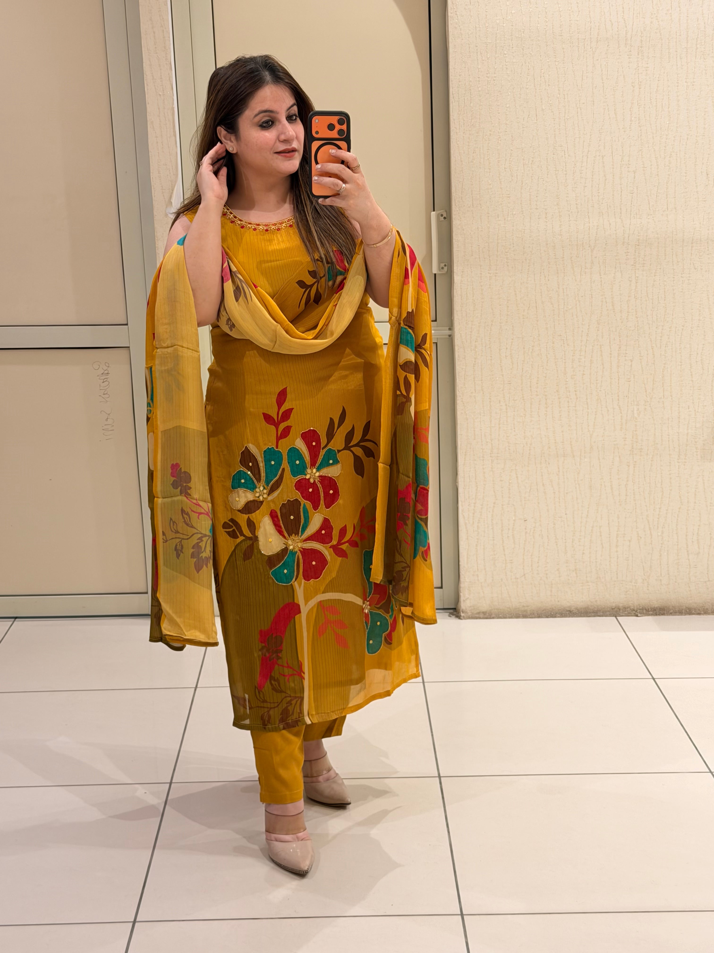 Mustard Chinon Floral Suit Set (M–XXL)