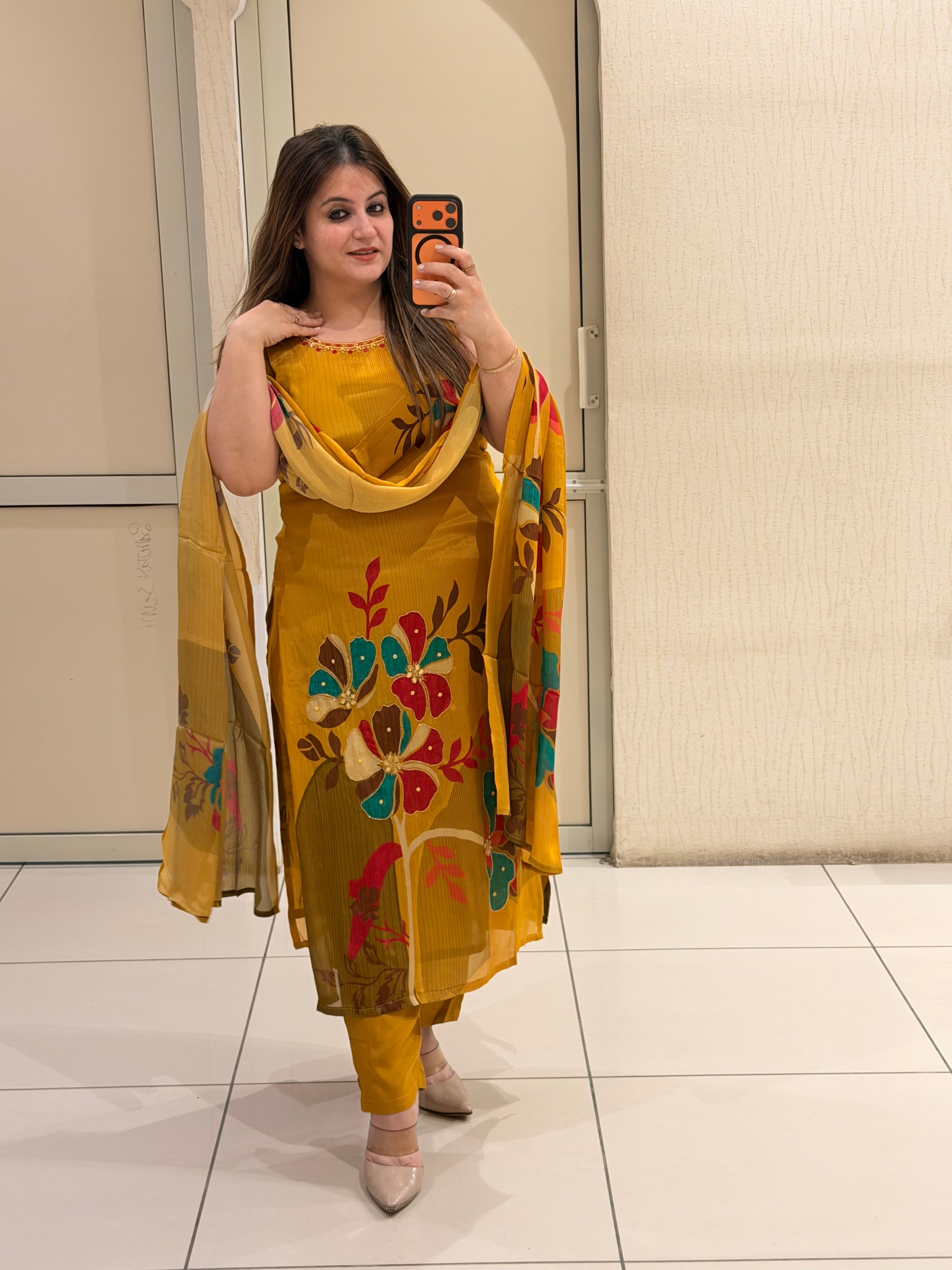 Mustard Chinon Floral Suit Set (M–XXL)