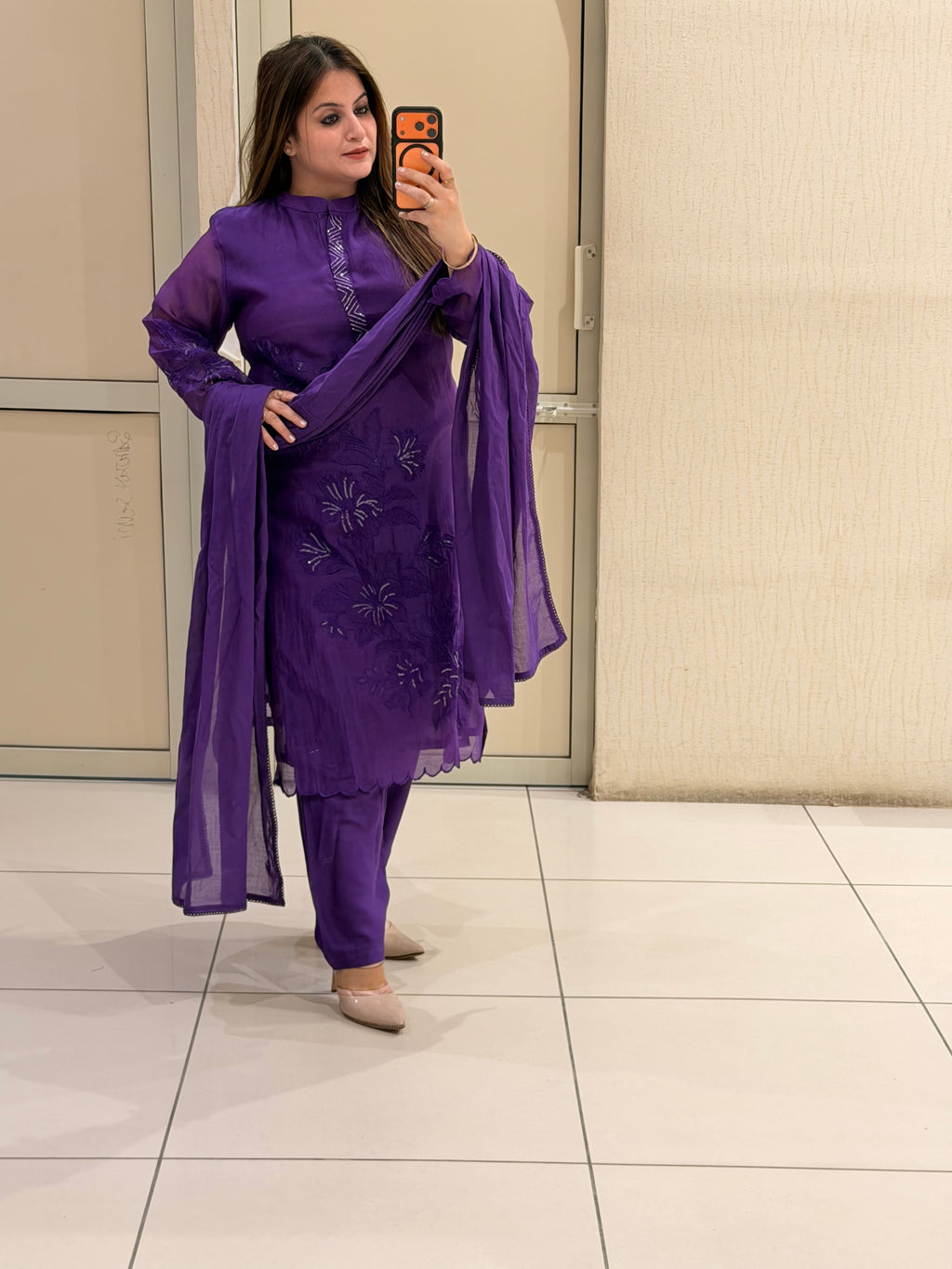 Purple Mul Chanderi Appliqué Work Suit (M–XXL)