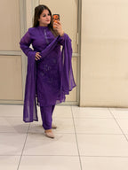 Purple Mul Chanderi Appliqué Work Suit (M–XXL)