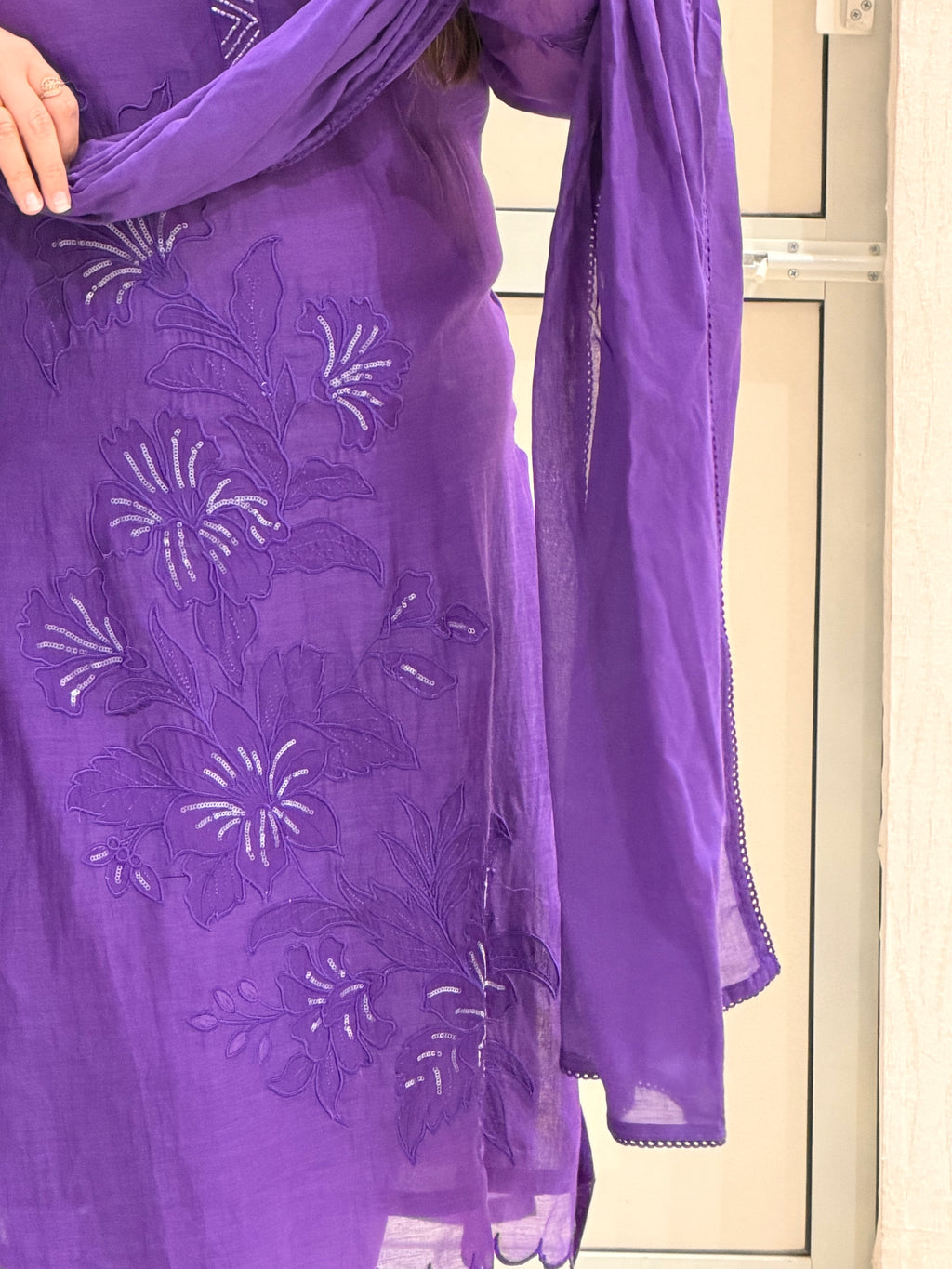 Purple Mul Chanderi Appliqué Work Suit (M–XXL)