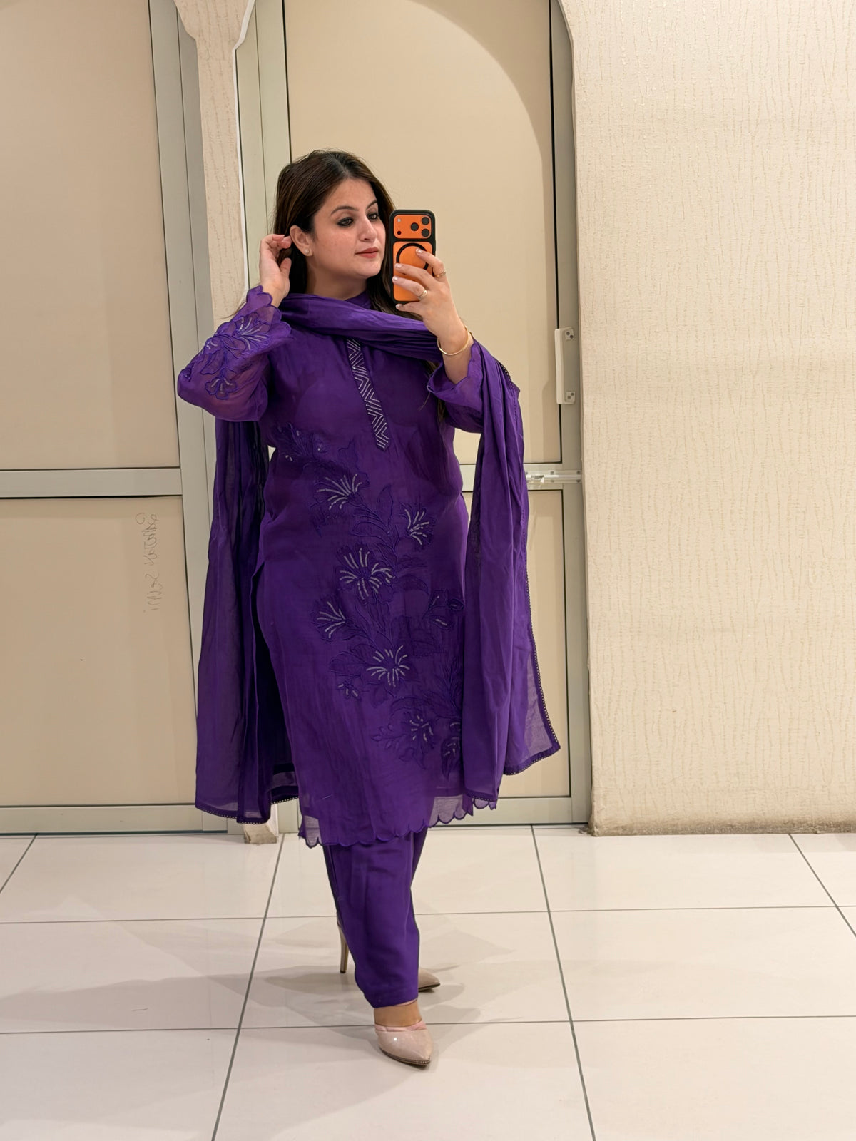 Purple Mul Chanderi Appliqué Work Suit (M–XXL)