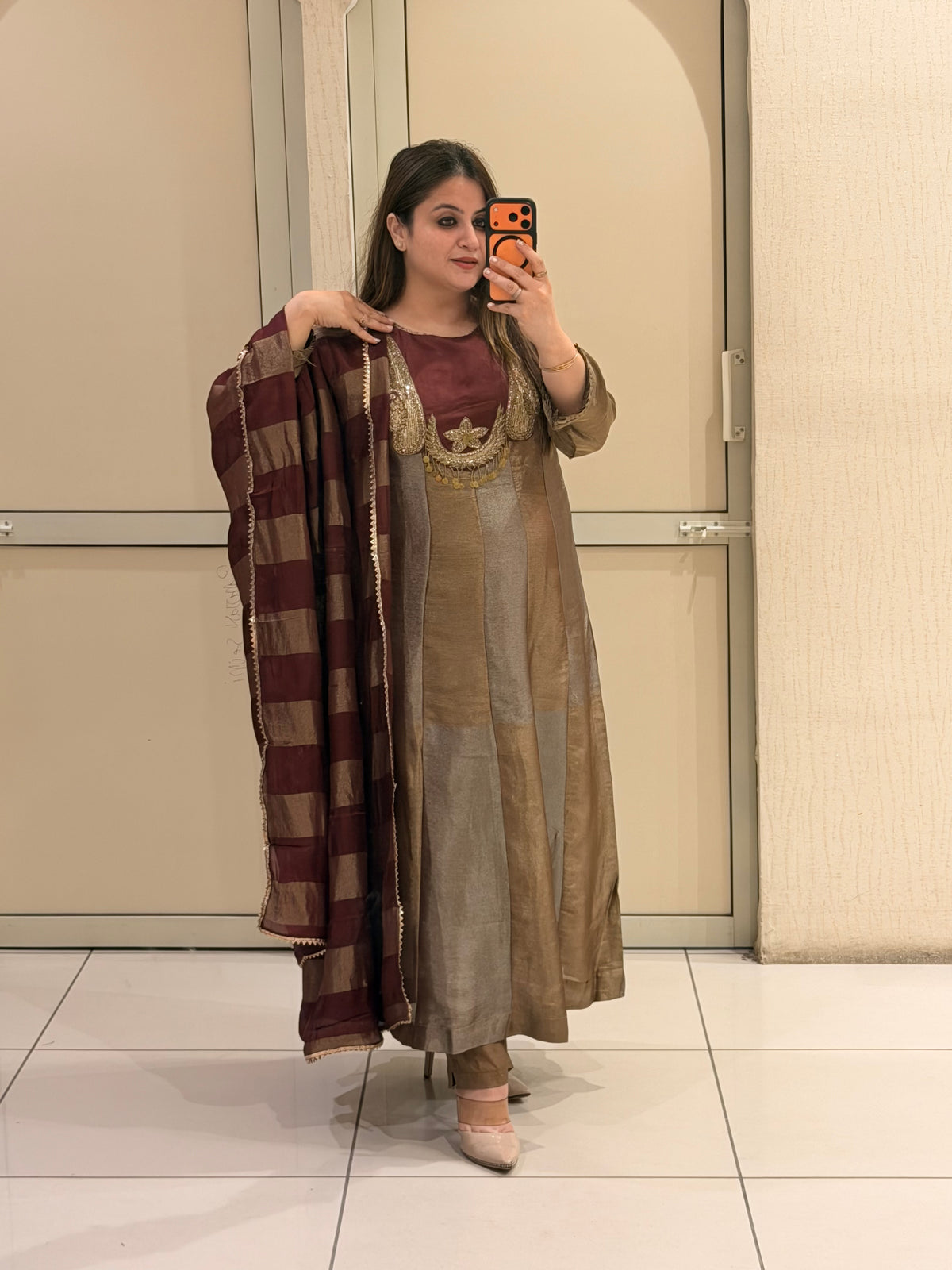 Brown Designer Embroidered Anarkali Suit Set