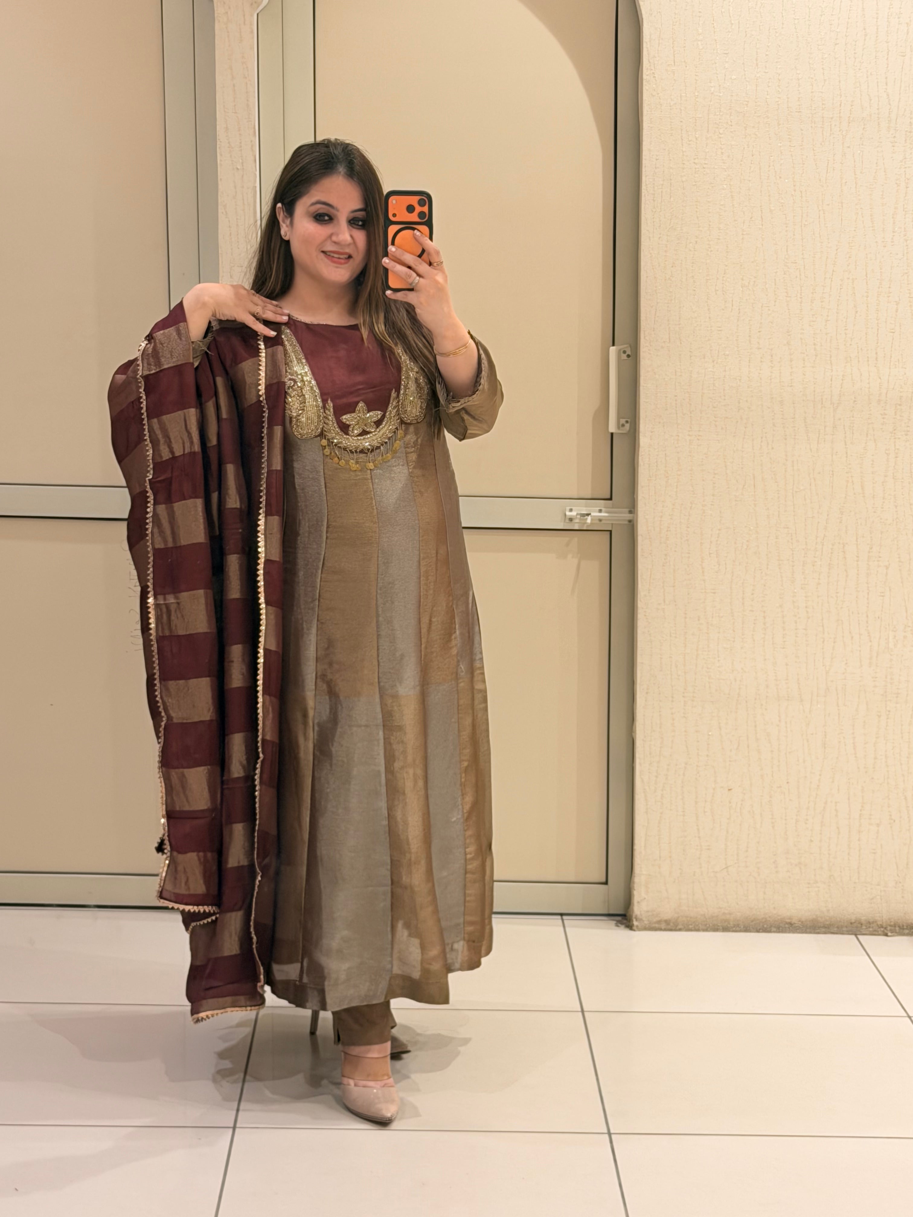 Brown Designer Embroidered Anarkali Suit Set