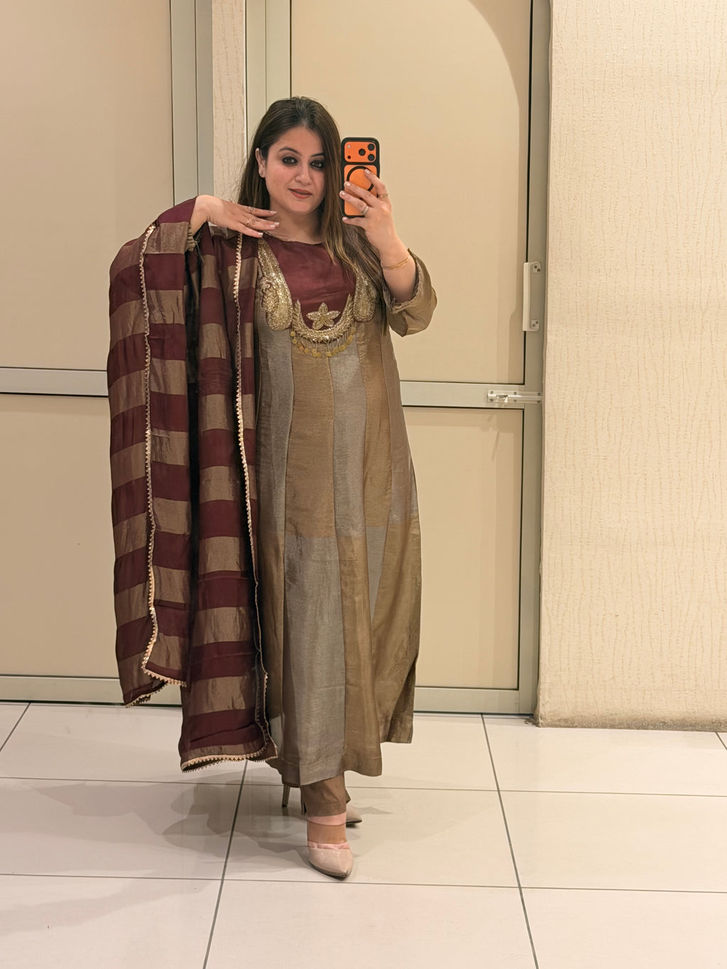 Brown Designer Embroidered Anarkali Suit Set
