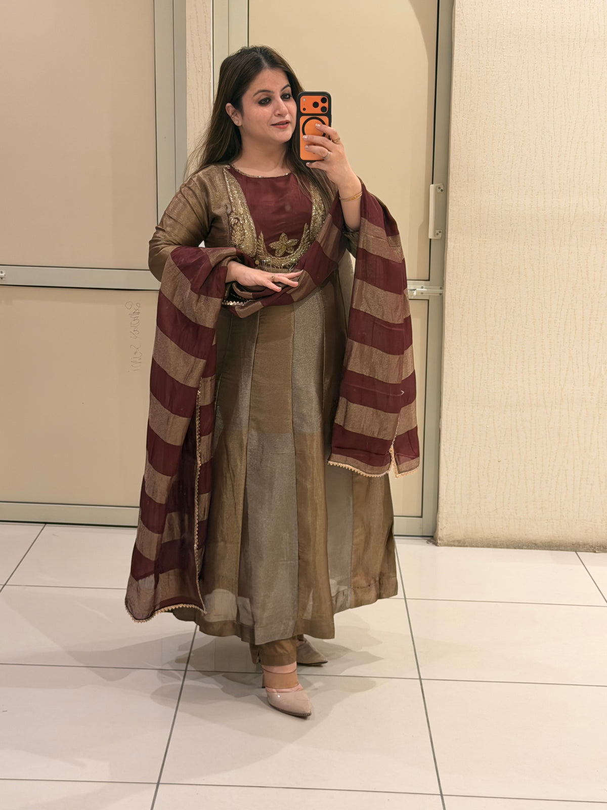 Brown Designer Embroidered Anarkali Suit Set