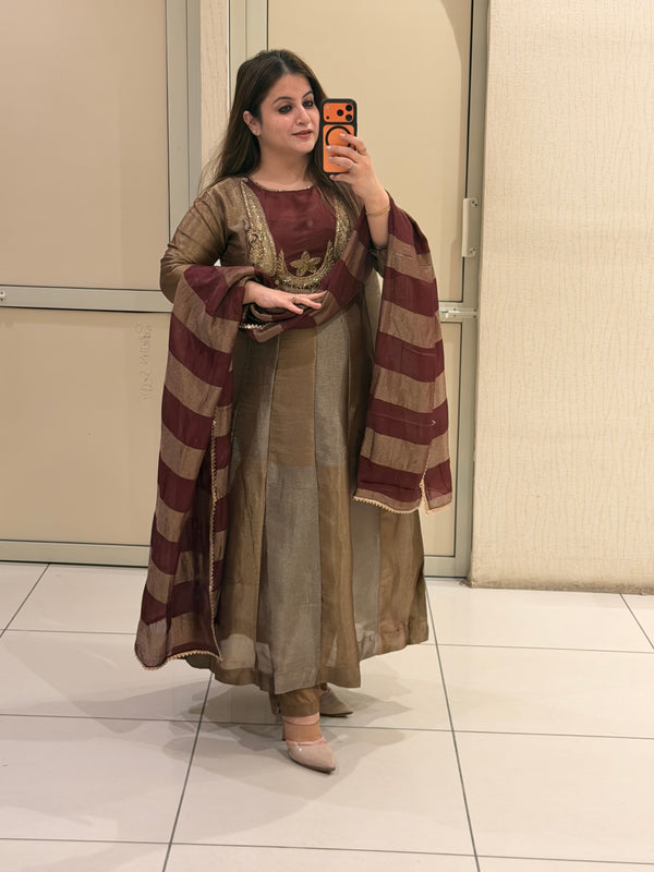 Brown Designer Embroidered Anarkali Suit Set