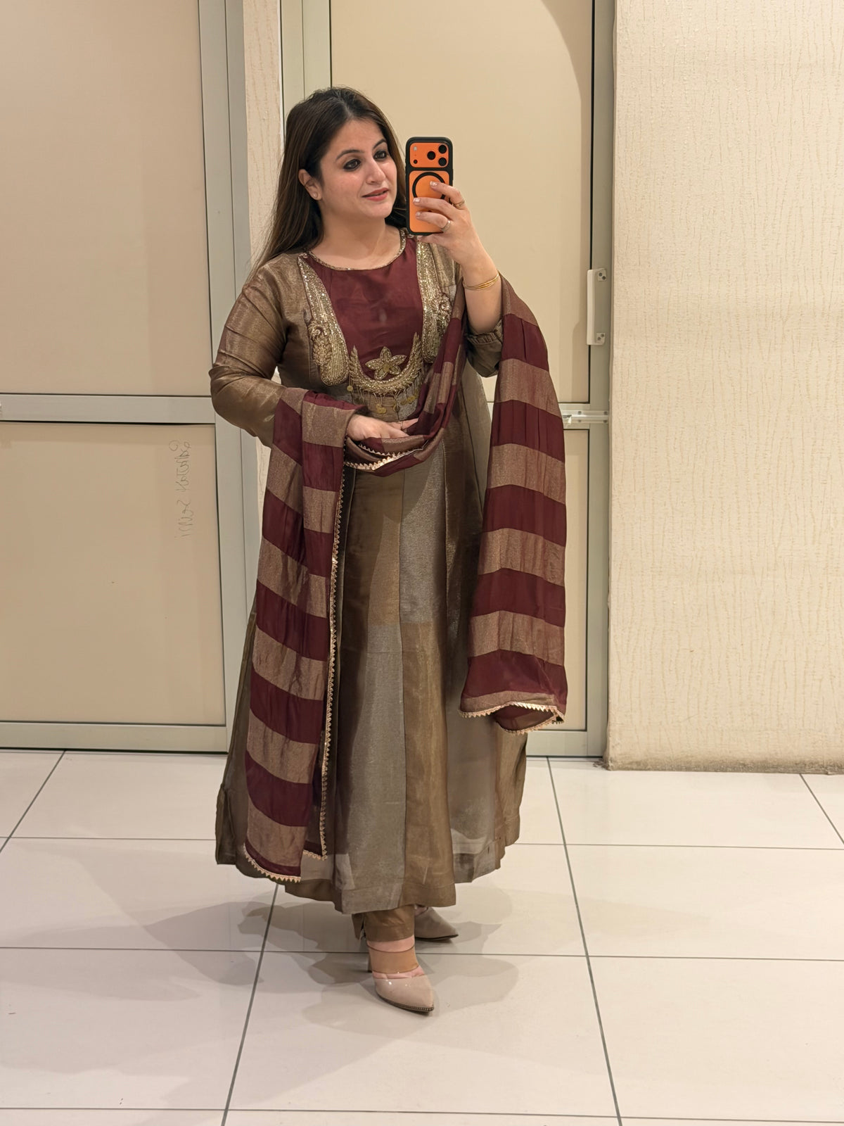 Brown Designer Embroidered Anarkali Suit Set