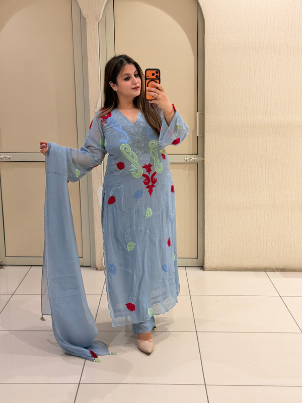 Sky Blue Embroidered Printed Kurta Set with Dupatta