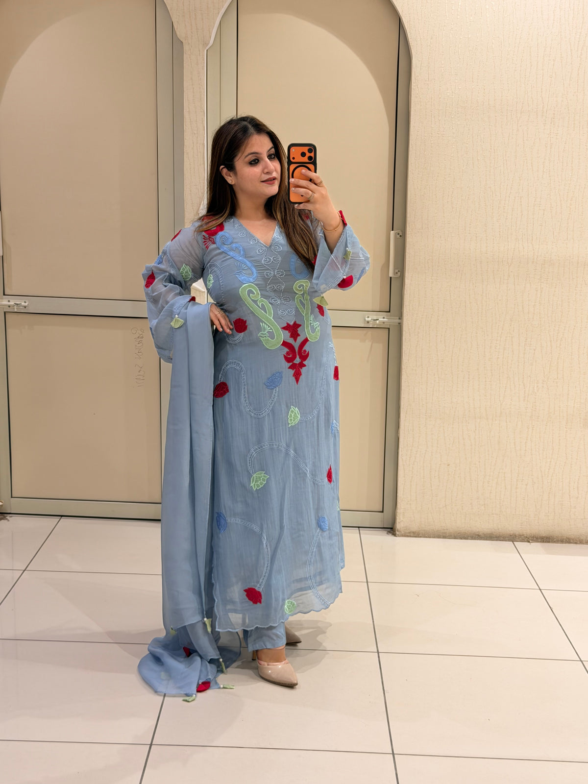 Sky Blue Embroidered Printed Kurta Set with Dupatta