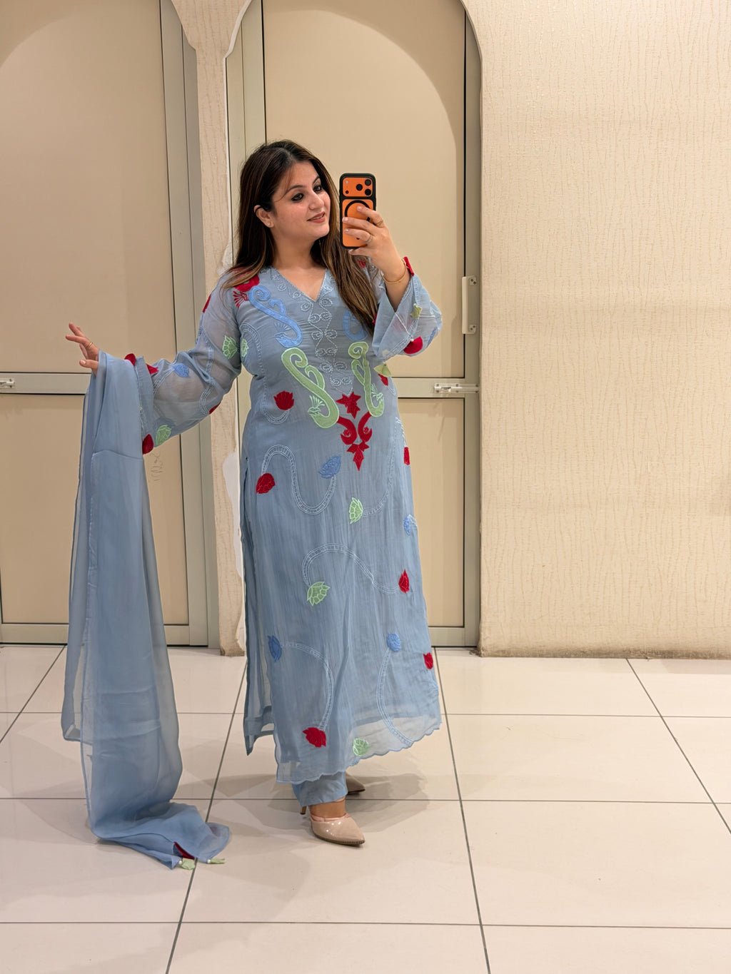 Sky Blue Embroidered Printed Kurta Set with Dupatta