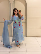 Sky Blue Embroidered Printed Kurta Set with Dupatta