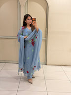 Sky Blue Embroidered Printed Kurta Set with Dupatta