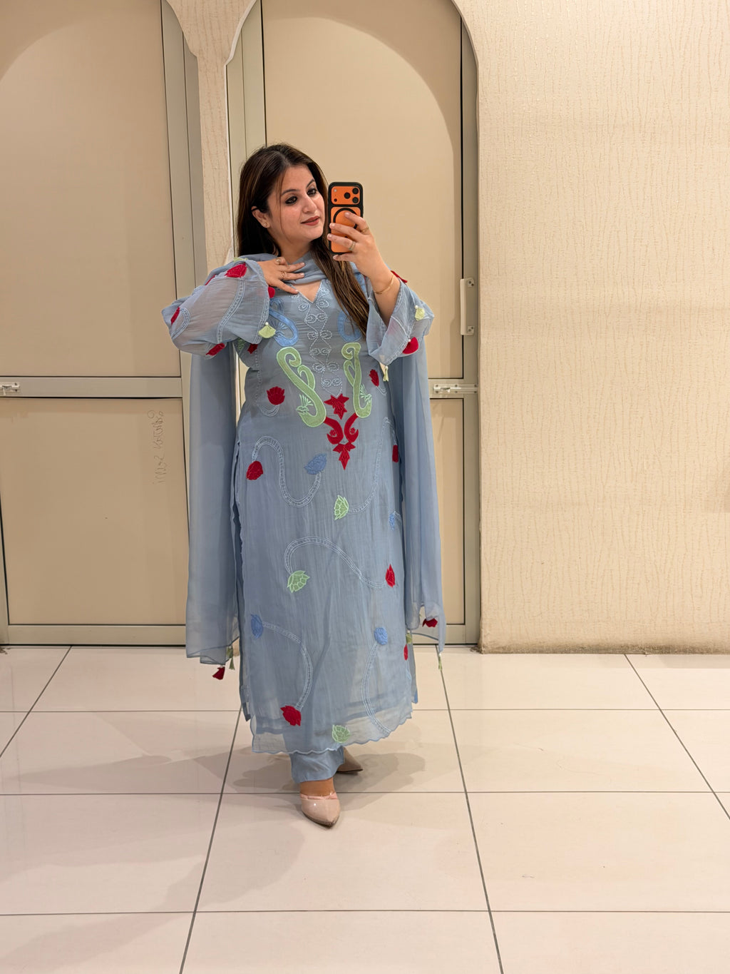Sky Blue Embroidered Printed Kurta Set with Dupatta