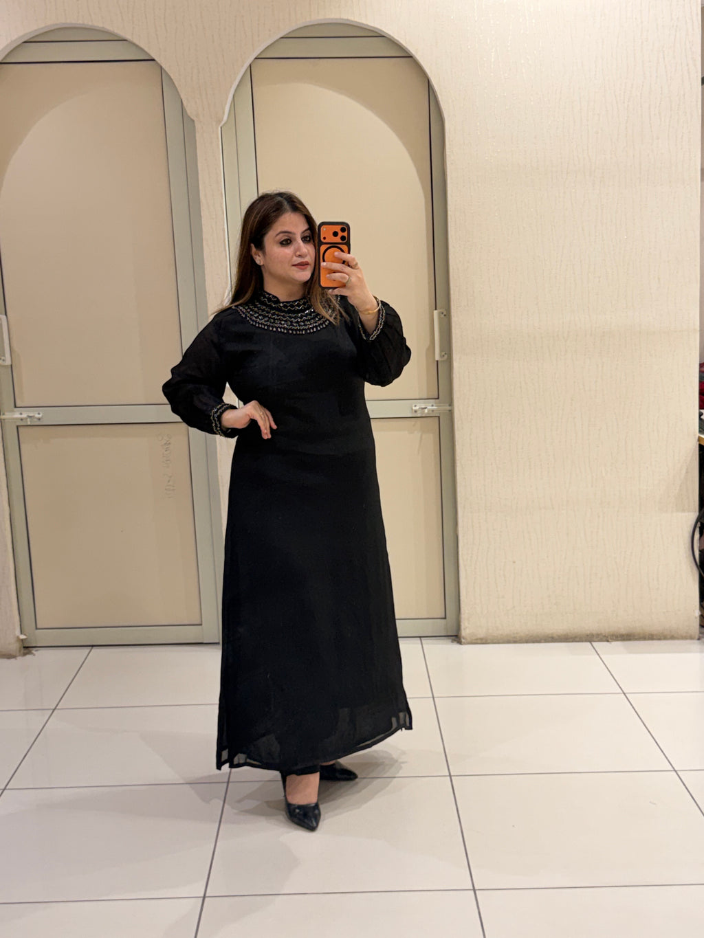 Black Chinon Embellished Neckline Designer Maxi Dress for Women