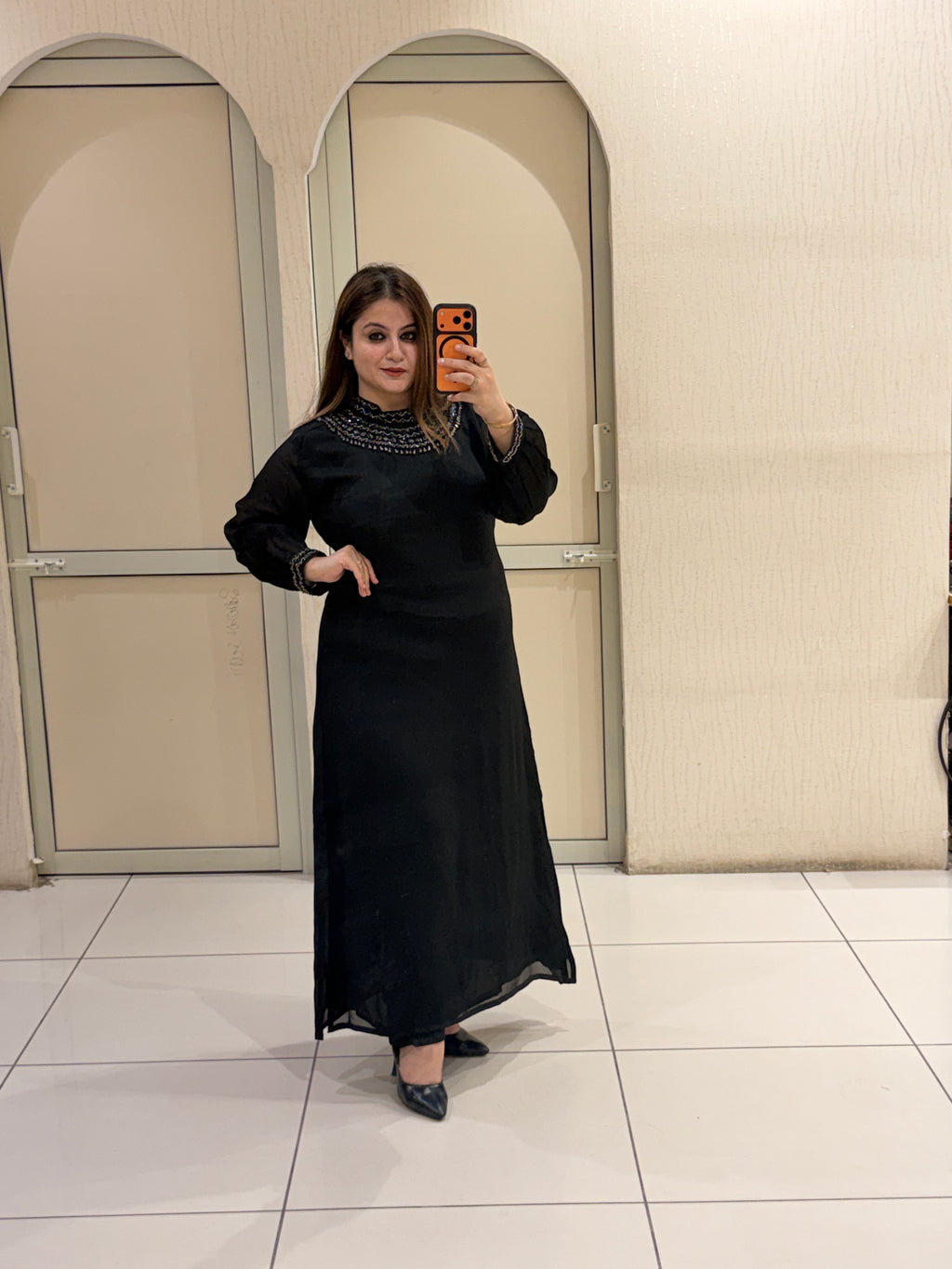 Black Chinon Embellished Neckline Designer Maxi Dress for Women