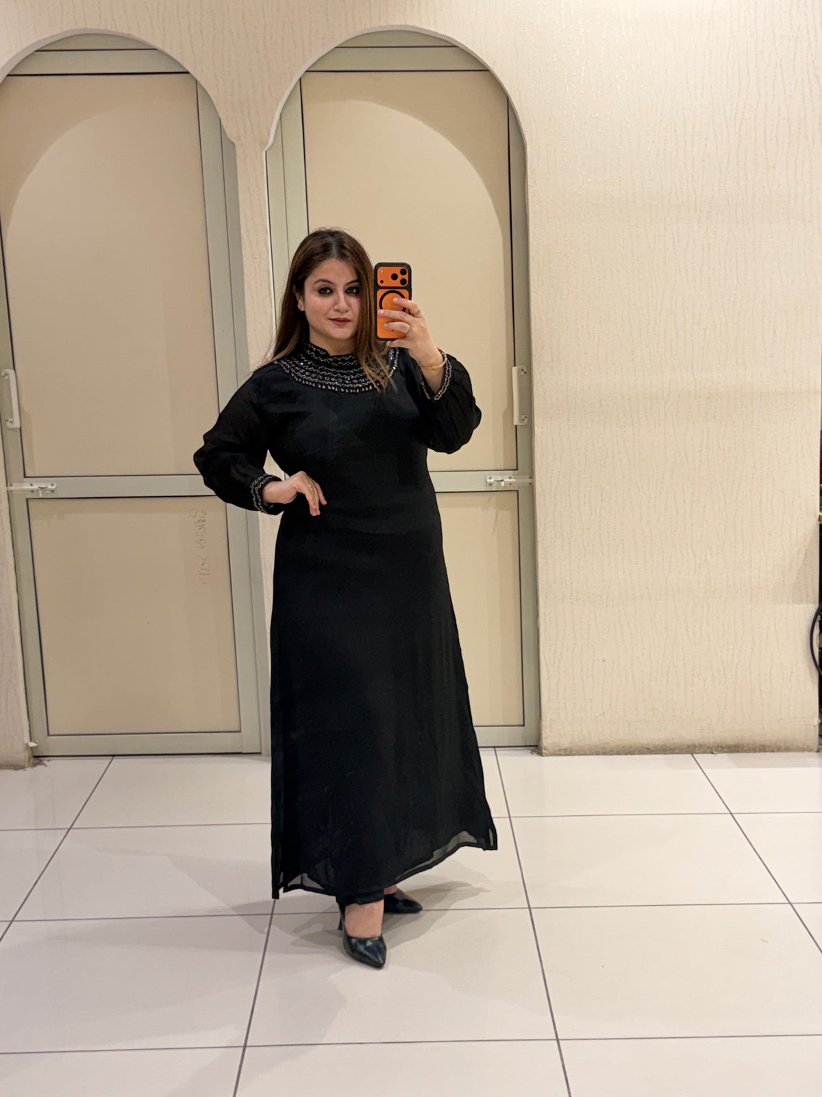 Black Chinon Embellished Neckline Designer Maxi Dress for Women
