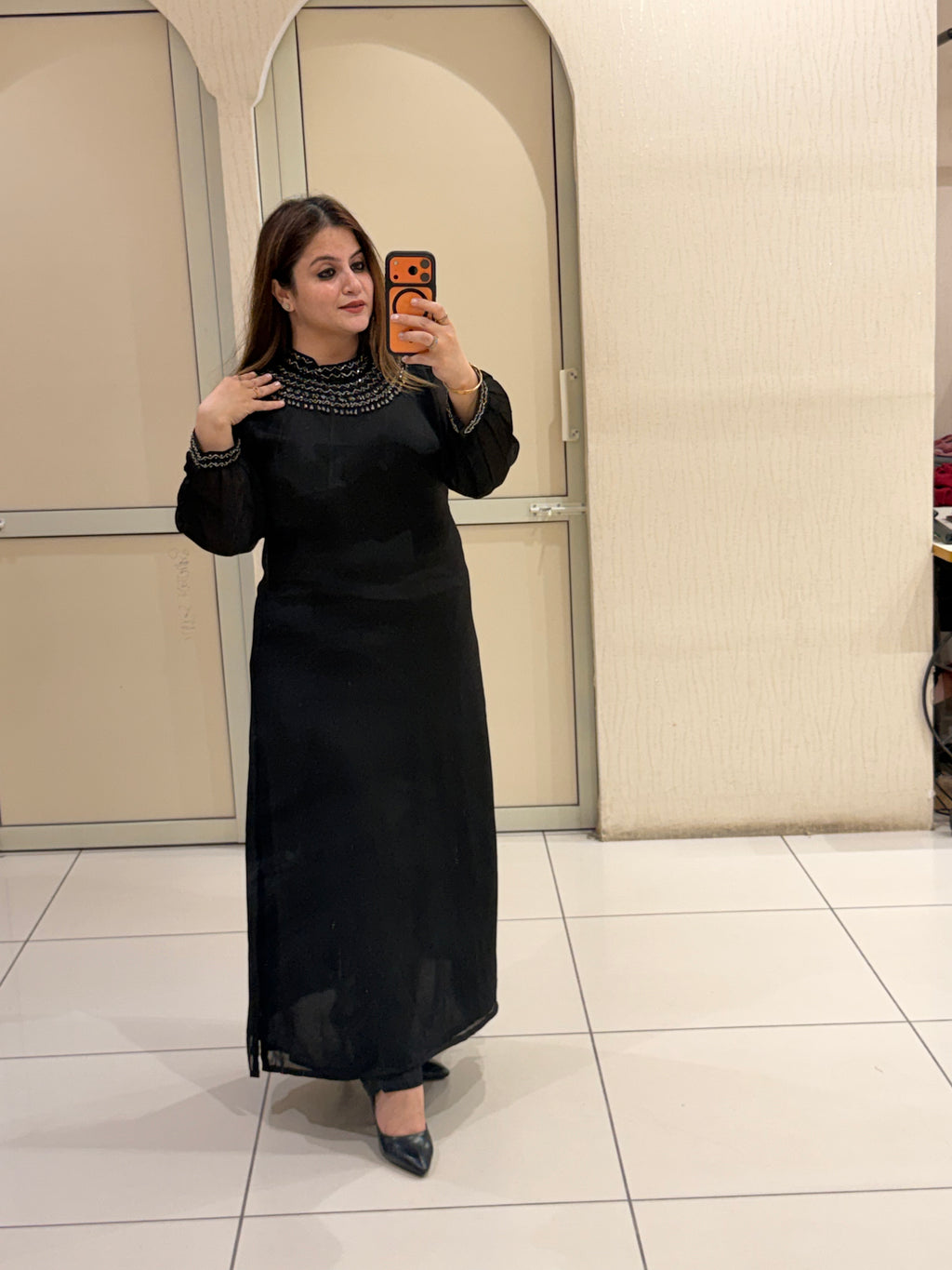 Black Chinon Embellished Neckline Designer Maxi Dress for Women