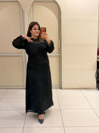 Black Chinon Embellished Neckline Designer Maxi Dress for Women