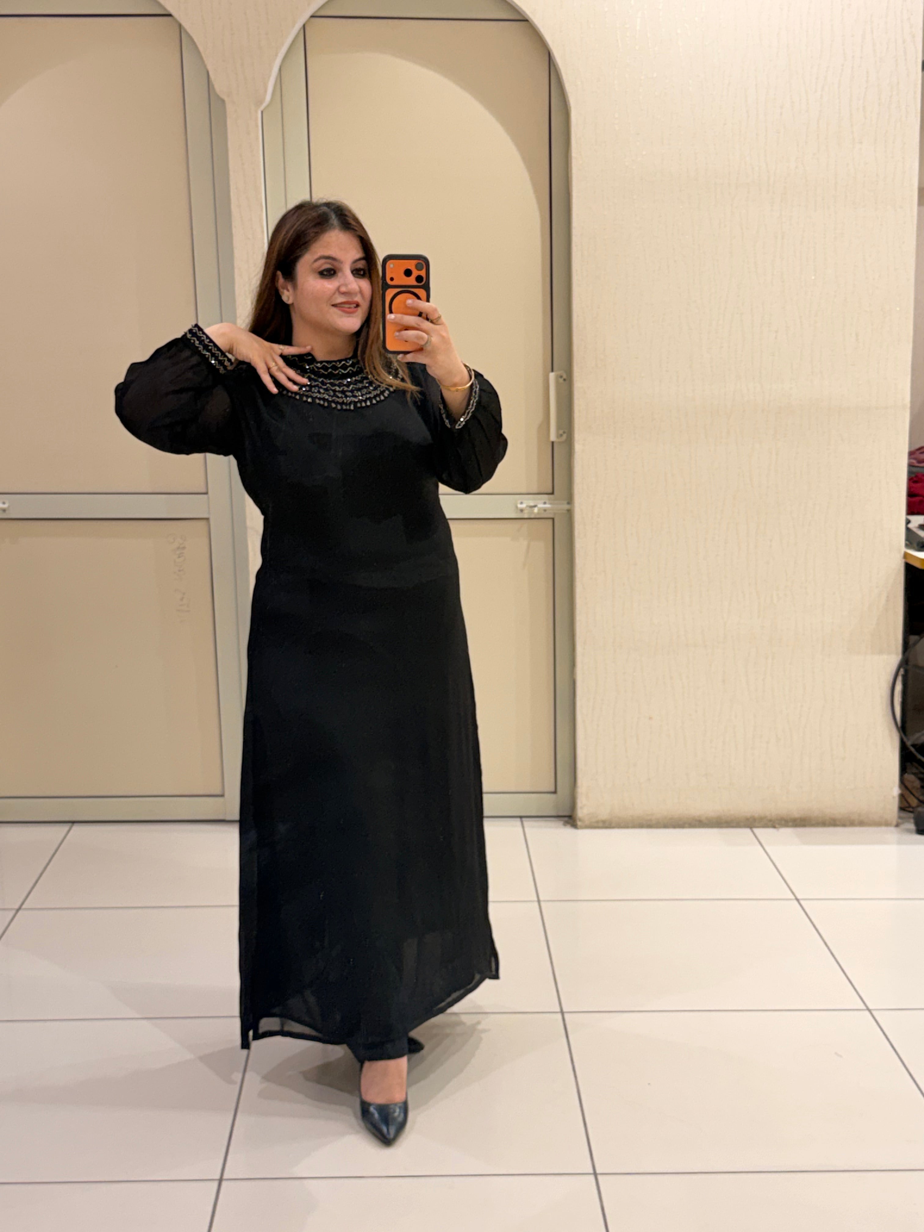Black Chinon Embellished Neckline Designer Maxi Dress for Women