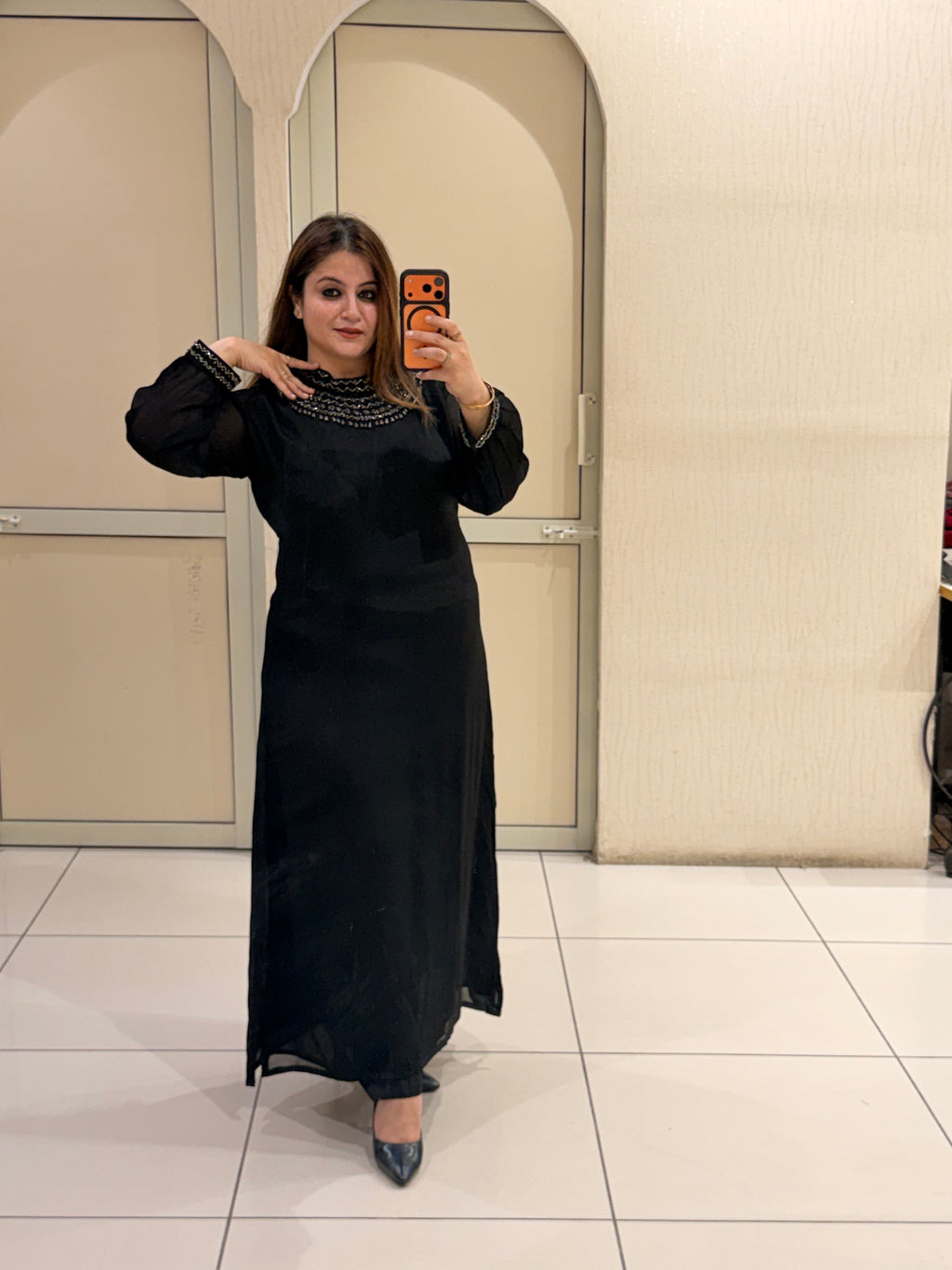 Black Chinon Embellished Neckline Designer Maxi Dress for Women