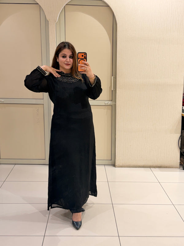 Black Chinon Embellished Neckline Designer Maxi Dress for Women