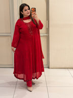 Red Chinon Embellished Anarkali Dress with Dupatta for Women