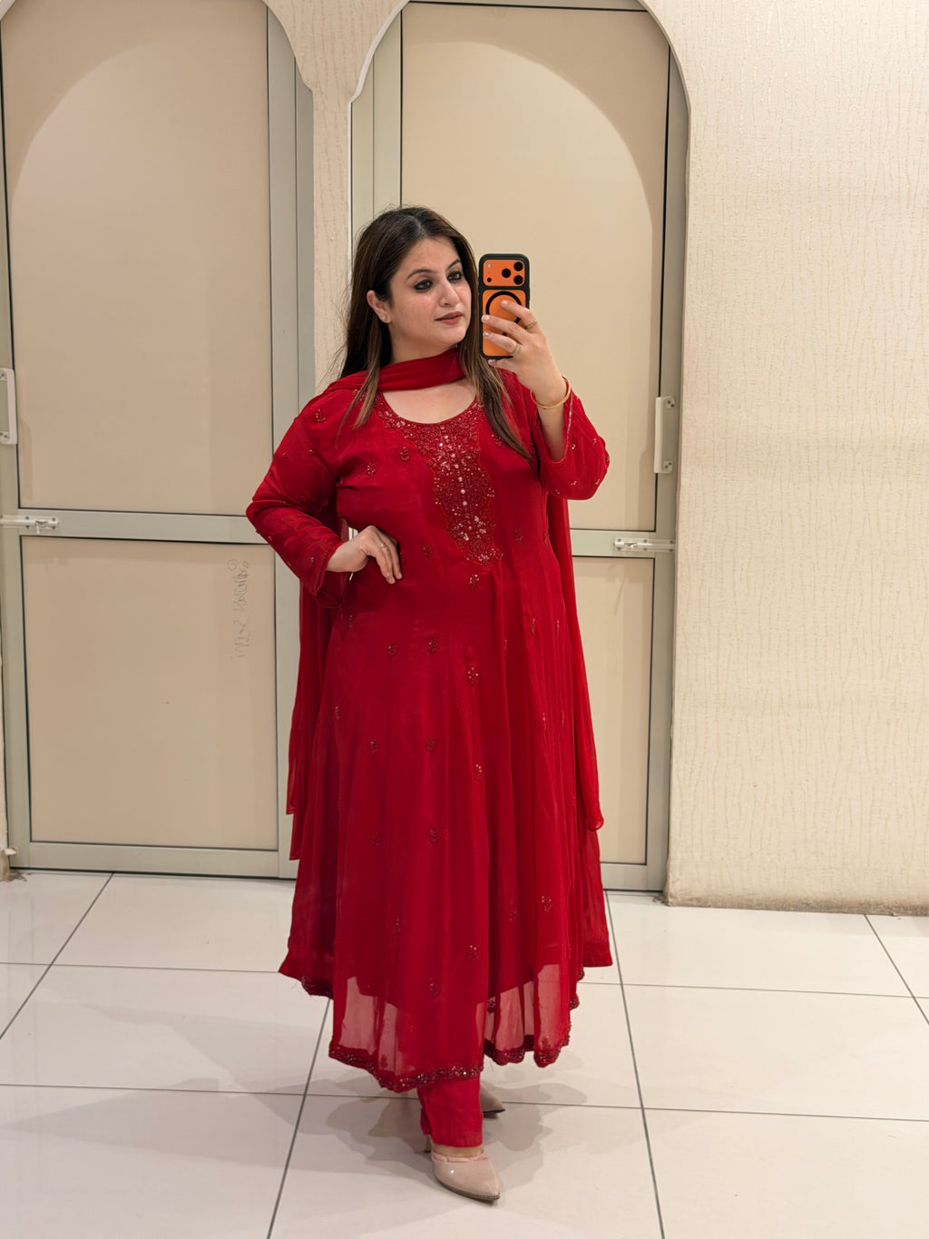 Red Chinon Embellished Anarkali Dress with Dupatta for Women