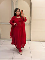 Red Chinon Embellished Anarkali Dress with Dupatta for Women