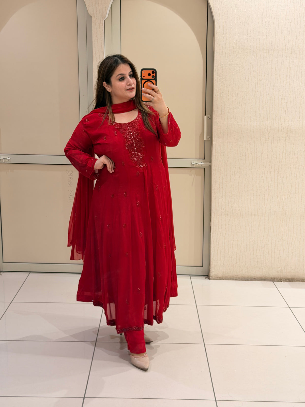 Red Chinon Embellished Anarkali Dress with Dupatta for Women