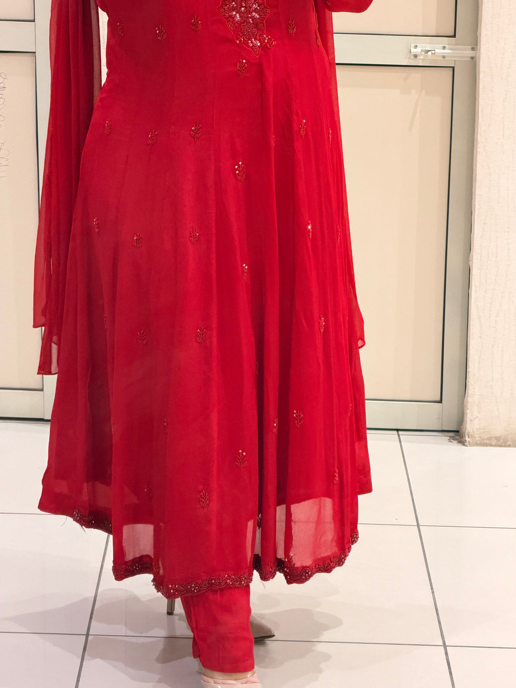 Red Chinon Embellished Anarkali Dress with Dupatta for Women