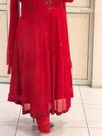 Red Chinon Embellished Anarkali Dress with Dupatta for Women