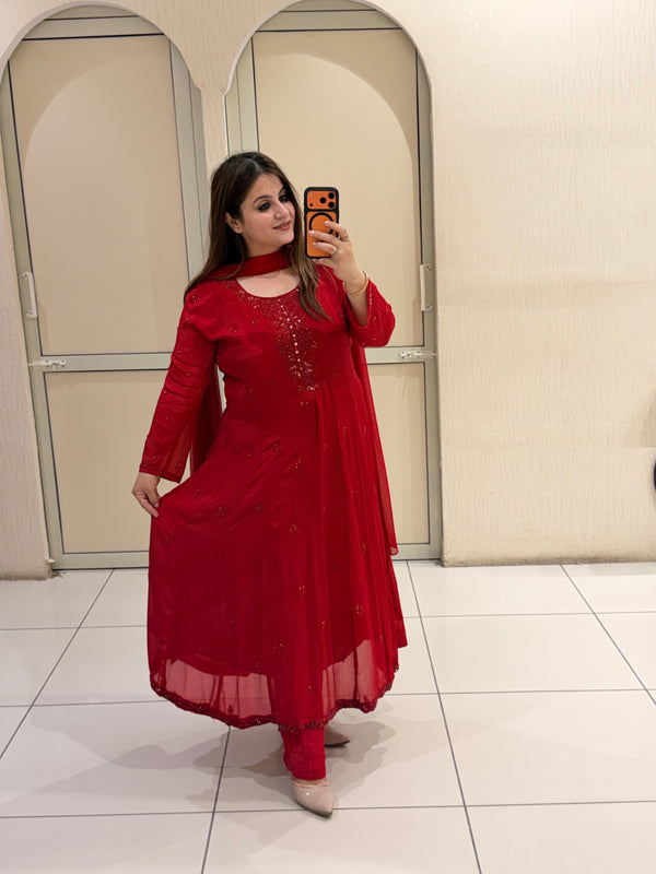 Red Chinon Embellished Anarkali Dress with Dupatta for Women