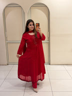 Red Chinon Embellished Anarkali Dress with Dupatta for Women