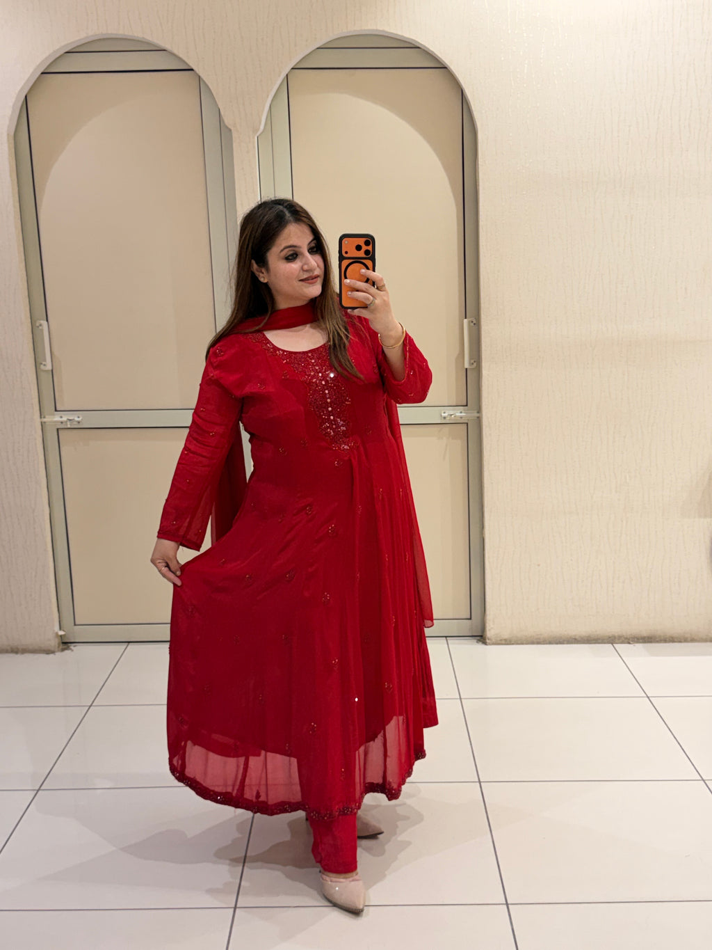 Red Chinon Embellished Anarkali Dress with Dupatta for Women