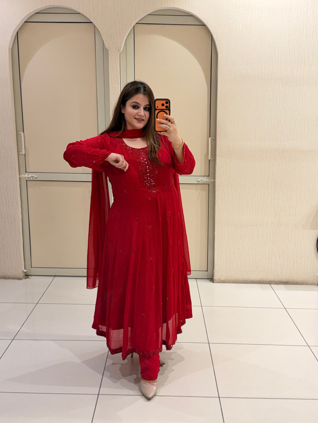 Red Chinon Embellished Anarkali Dress with Dupatta for Women