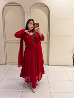 Red Chinon Embellished Anarkali Dress with Dupatta for Women