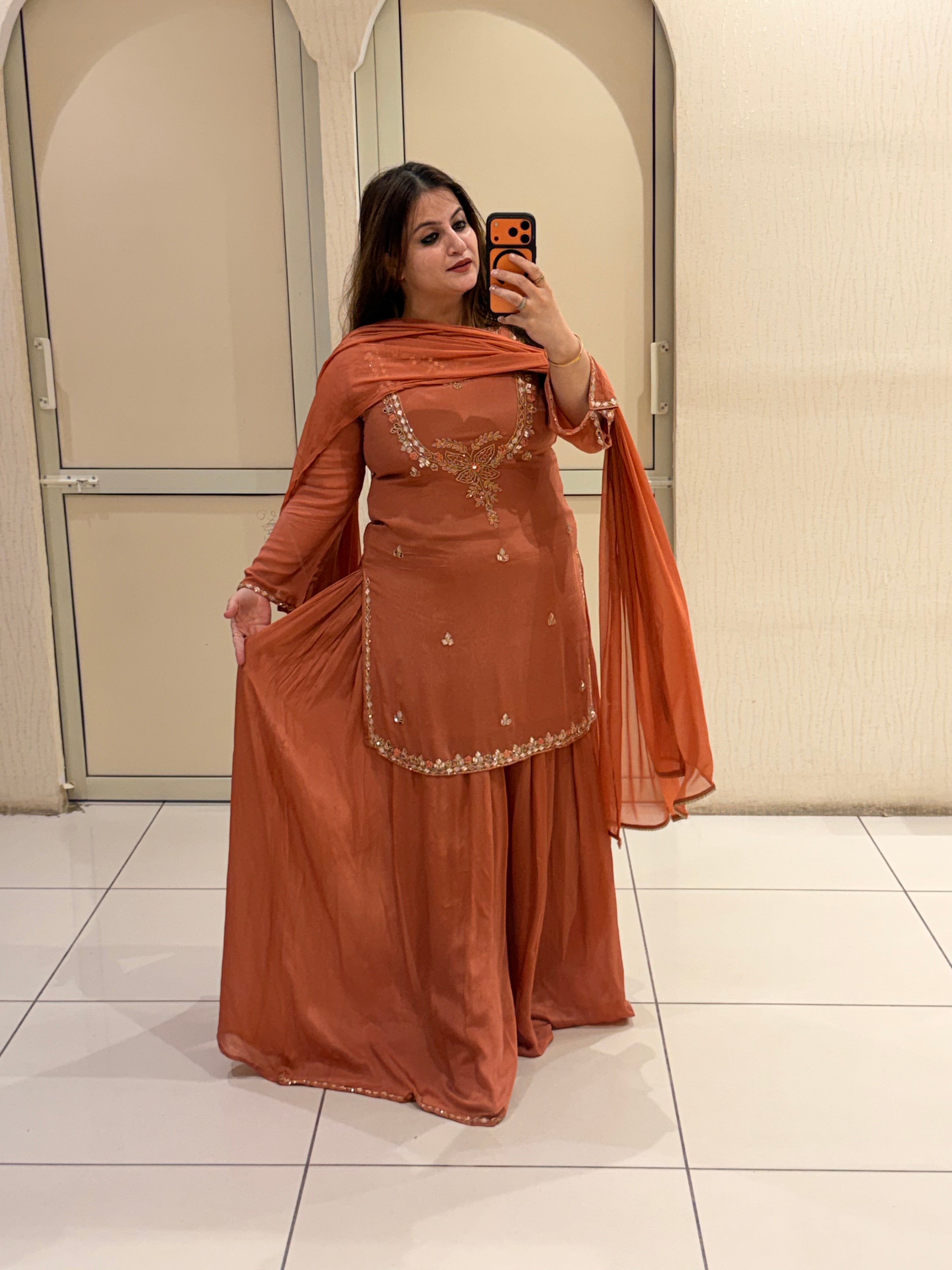 Terracotta Chinon Embroidered Dress (M–XXL)