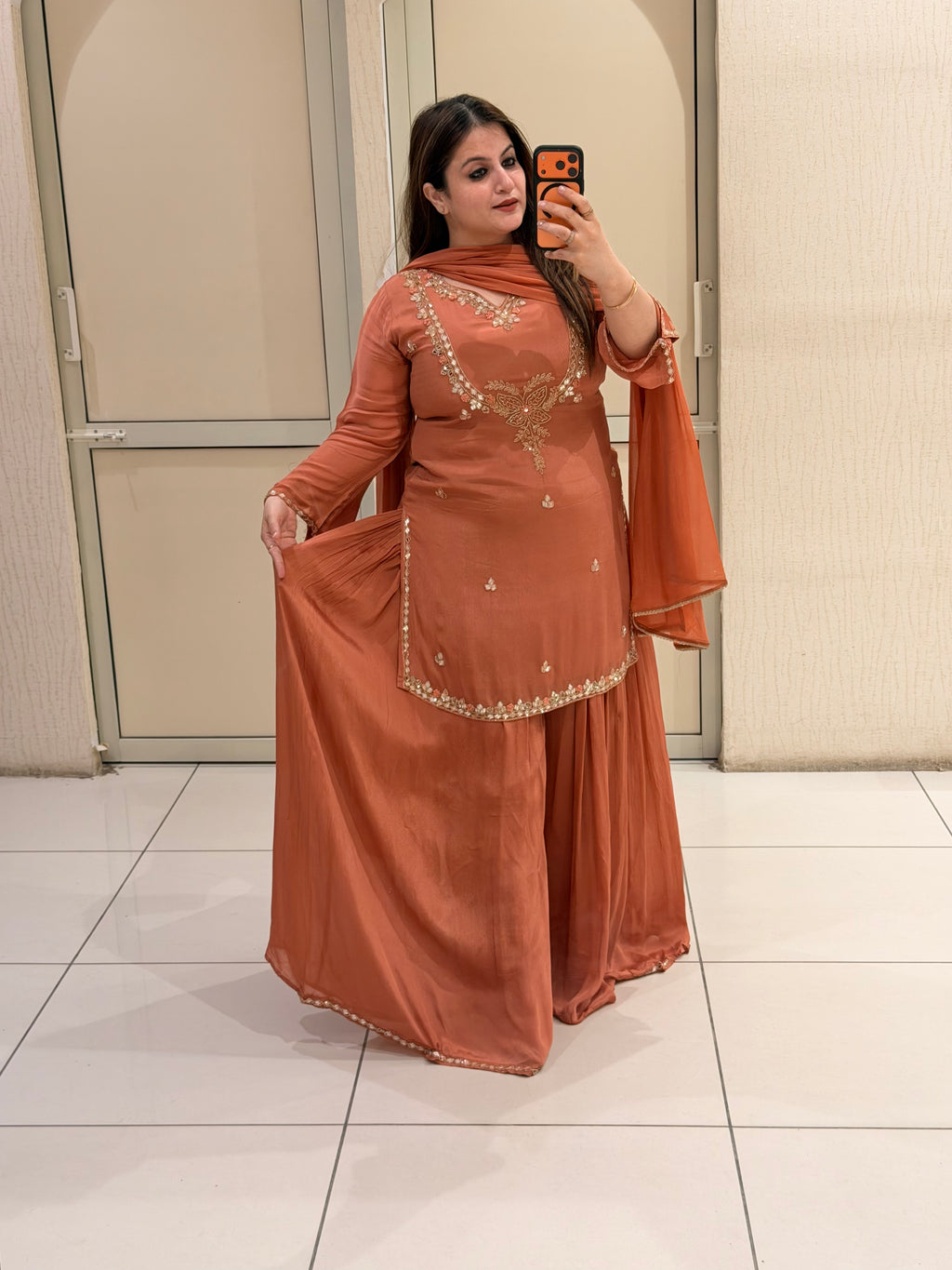 Terracotta Chinon Embroidered Dress (M–XXL)
