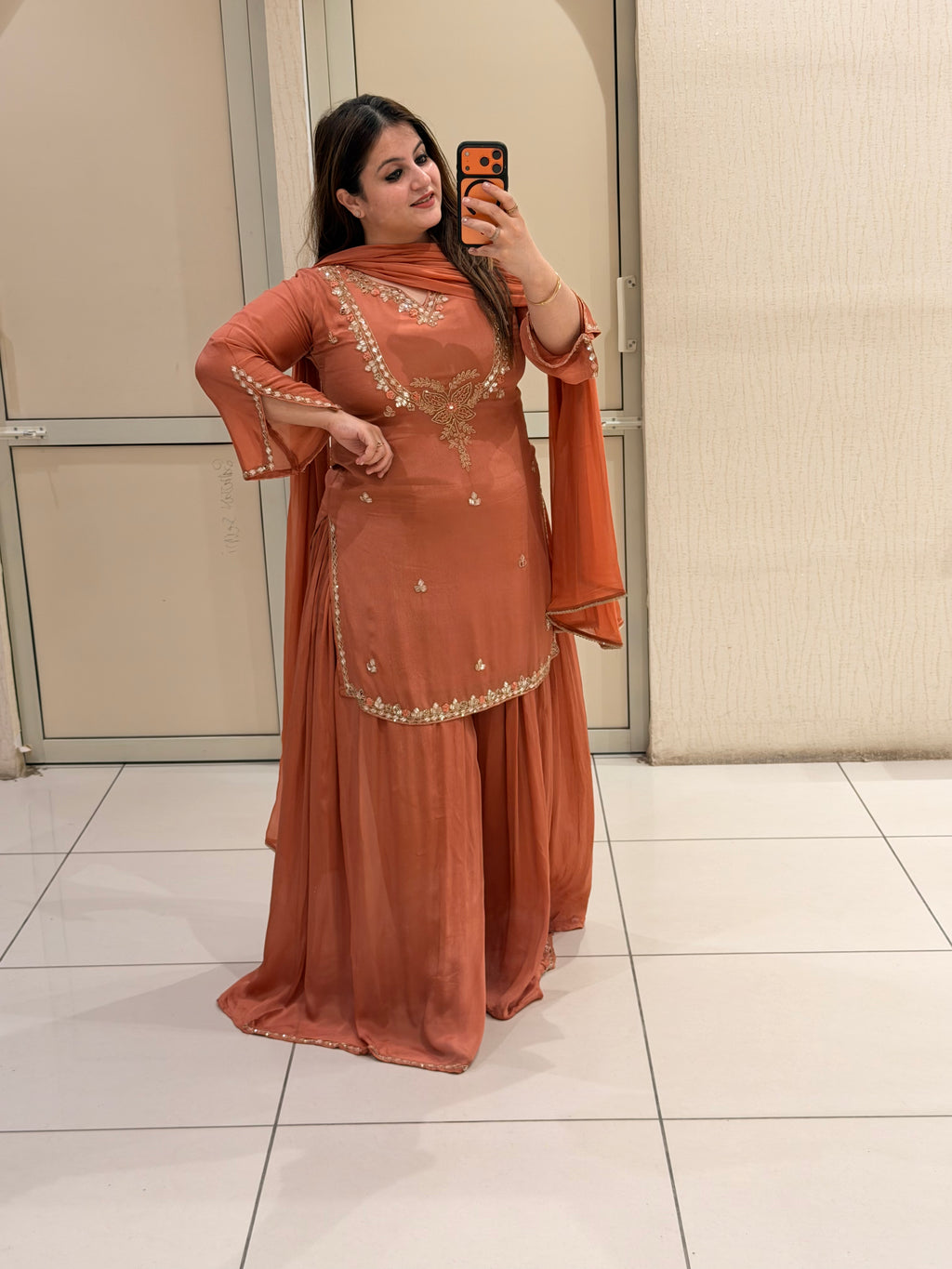 Terracotta Chinon Embroidered Dress (M–XXL)